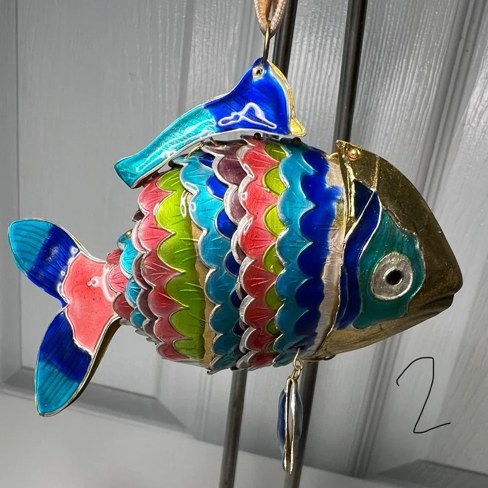 Cloisonné Enamel Articulated Moveable‎ Lg Tropical Fish Ornament Rainbow Colors